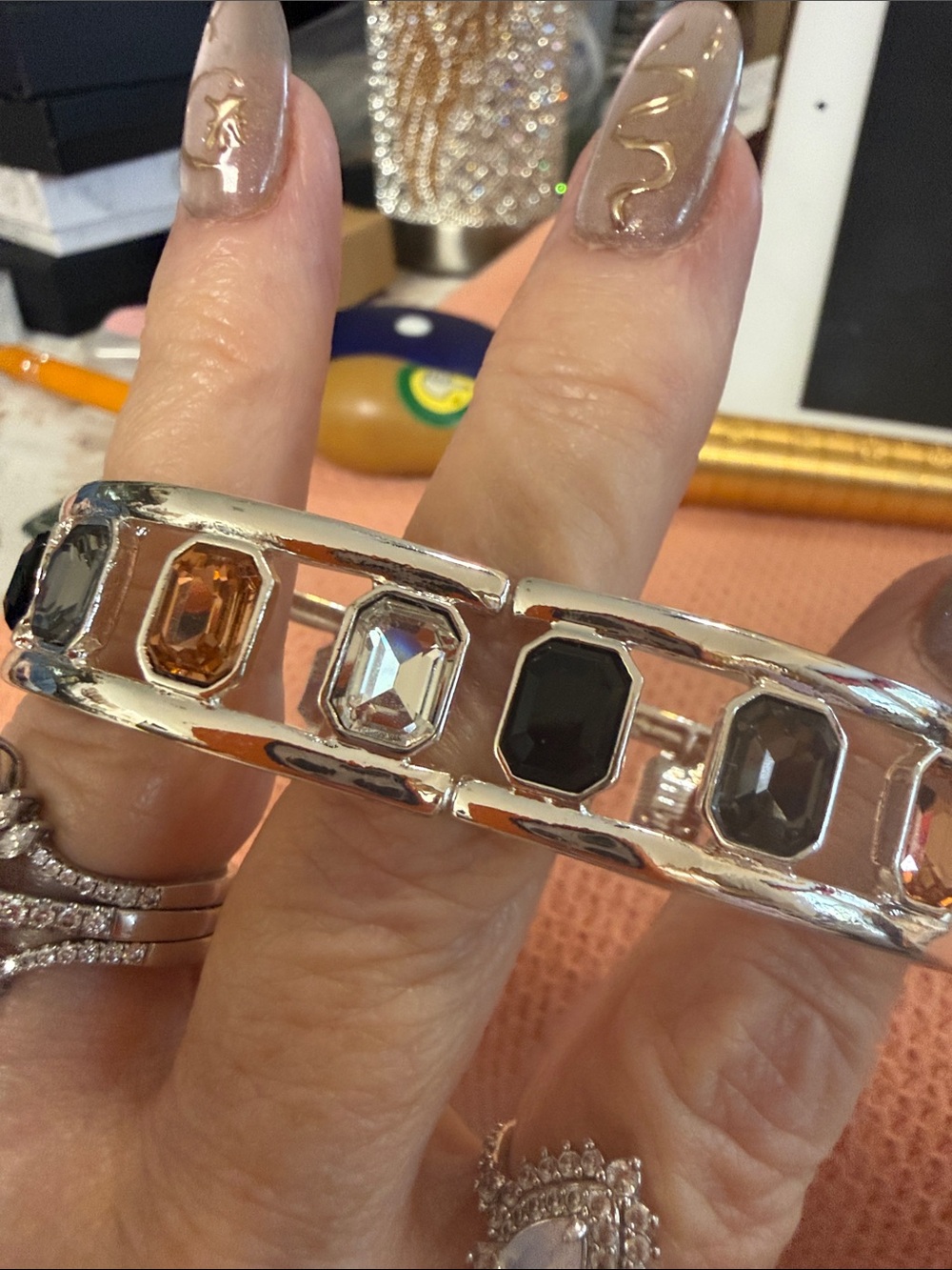 Crystal Multi-Stone Silver Bangle Bracelet - Black, Amber, Clear stretch